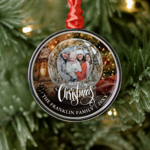 Frohe Weihnachten Rustikale Schneekugel Foto Ornament Aus Metall