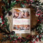 Frohe Weihnachten Rustikales Holz 4 Fotos Collage Postkarte<br><div class="desc">Versenden Sie mit diesen modernen Fotokarten die Grüße der stilvollen Saison an Familie und Freunde! Dieses rustikale Design zeigt 4 Ihrer Lieblings-Fotos in einem einfachen Collage-Layout. Ein rechteckiges Foto wird oben gezeigt, drei quadratische Fotos unten in einer Reihe. Der Text lautet "Frohe Weihnachten und glückliches neues Jahr!" in roter Schrift...</div>