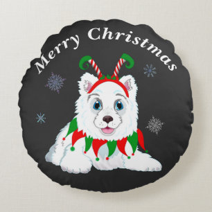 Frohe Weihnachten Samoyed mit Elf-Headband Rundes Kissen