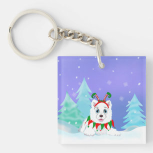 Frohe Weihnachten Samoyed mit Elf-Headband Schlüsselanhänger