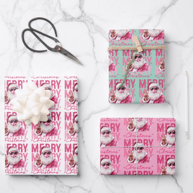 Frohe Weihnachten Santa bläst Bubble Gum Geschenkp Geschenkpapier Set (Vorderseite)