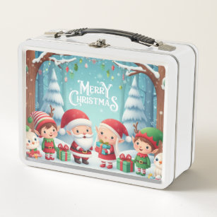 Frohe Weihnachten/Santa/Elfen Schnee Metall Brotdose