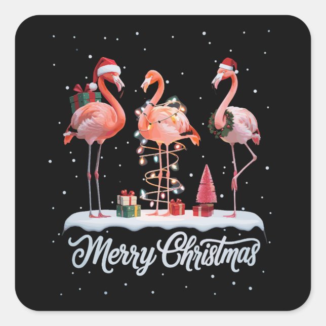Frohe Weihnachten Santa Flamingo Light Snow Xmas Quadratischer Aufkleber (Vorderseite)