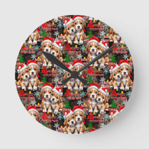 Frohe Weihnachten Santa Hut Hund Welpe Design - Sc Runde Wanduhr