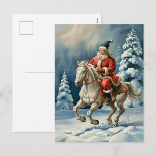 Frohe Weihnachten Santa Reitet Weißes Pferd Schnei