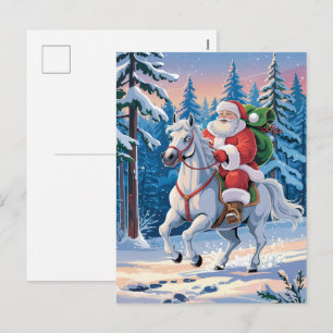 Frohe Weihnachten Santa Reitet Weißes Pferd Schnei