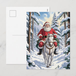 Frohe Weihnachten Santa Reitet Weißes Pferd Schnei