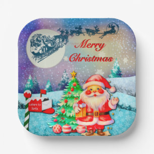 Frohe Weihnachten Santa, Schlitten, Rentier, Schne Pappteller