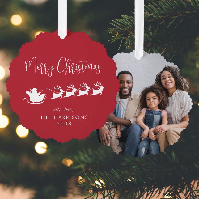 Frohe Weihnachten Santa Sleigh Foto Red Ornament Karte (Share the love and warmth of the holiday season with a photo paper ornament card)