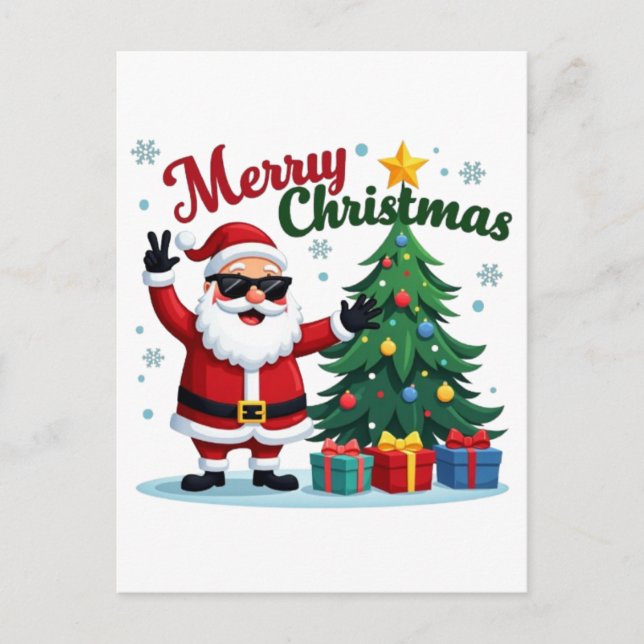Frohe Weihnachten | Santa & Tree Design Postkarte (Vorderseite)