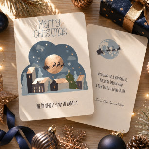 Frohe Weihnachten Santa über Dorf Rose Gold Folien Feiertagskarte