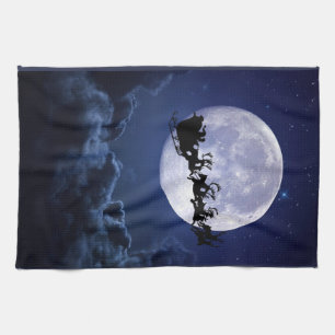 Frohe Weihnachten Santa über Mond Feiernacht Geschirrtuch