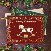 Frohe Weihnachten Schaukelpferd Goldfolie Postkart