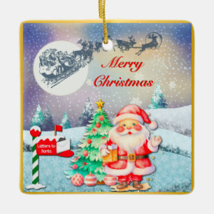 Frohe Weihnachten, Schlitten, Rentier, Schneeflock Keramikornament