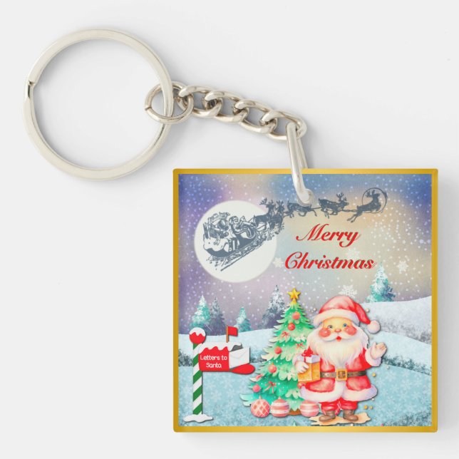 Frohe Weihnachten, Schlitten, Rentier, Schneeflock Schlüsselanhänger (Vorderseite)