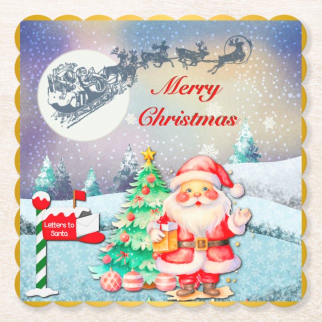 Frohe Weihnachten, Schlitten, Rentier, Schneeflock Untersetzer (Vorderseite)