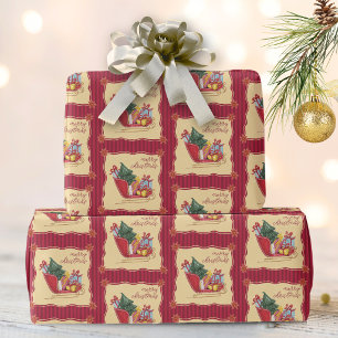 Frohe Weihnachten Schlittenfahrt rote Streifen Geschenkpapier