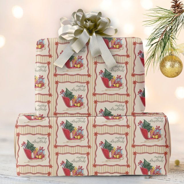 Frohe Weihnachten Schlittenfahrt Streifen  Geschenkpapier (Von Creator hochgeladen)