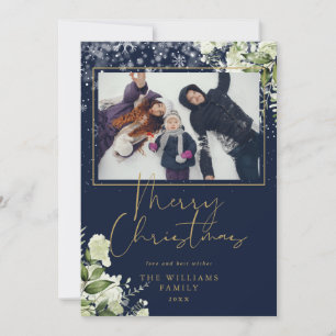 Frohe Weihnachten Schnee Blumen Gold und Blau Foto