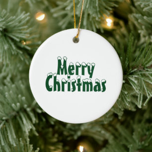 "Frohe Weihnachten" Schnee dunkelgrün weiß Keramik Ornament