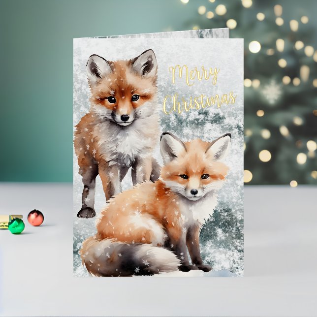 Frohe Weihnachten Schnee Winter Red Fox Cubs Gold (Feiertag In Situ 2)