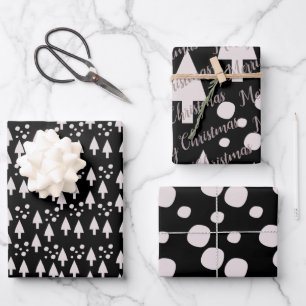 Frohe Weihnachten Schneebälle Bäume Schwarzes Rosa Geschenkpapier Set