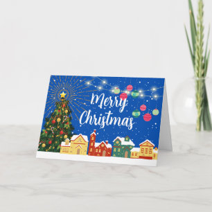 Frohe Weihnachten Schneedorf und geschmückter Baum