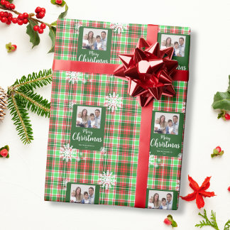 Frohe Weihnachten Schneeflocken Rot Grün Kariert F Geschenkpapier
