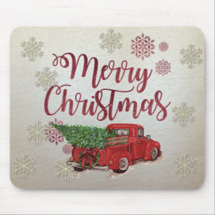 Frohe Weihnachten, Schneeflocken, roter LKW-Kiefer Mousepad