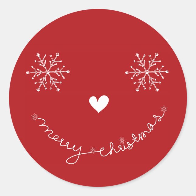 Frohe Weihnachten Schneeflocken Smiley Roter Urlau Runder Aufkleber (Vorderseite)
