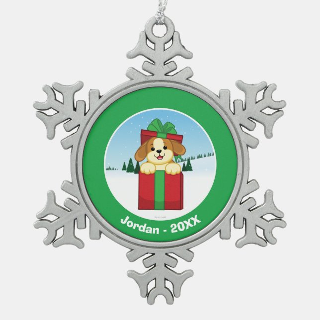 Frohe Weihnachten! Schneeflocken Zinn-Ornament (Vorderseite)