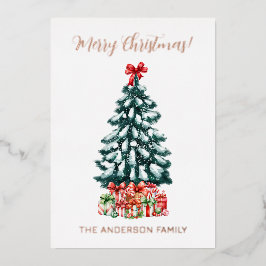 Frohe Weihnachten Schneeiger Baum Roségold Folien Feiertagskarte
