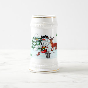 Frohe Weihnachten! Schneemann mit Freunden Bierglas