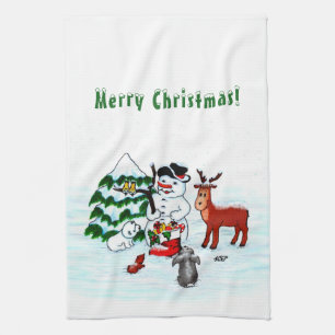 Frohe Weihnachten! Schneemann mit Freunden Geschirrtuch