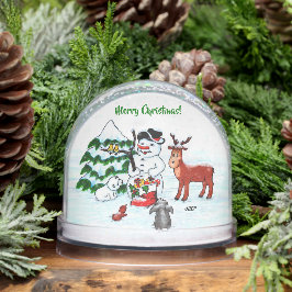 Frohe Weihnachten! Schneemann mit Freunden Schneekugeln