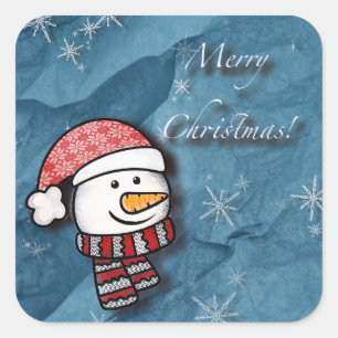 Frohe Weihnachten, Schneemann mit gestrickter Klei Quadratischer Aufkleber