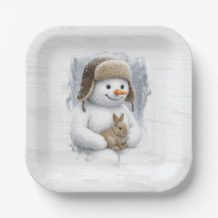 Frohe Weihnachten Schneemann mit Häschen Pappteller