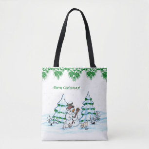 Frohe Weihnachten! Schneemann mit Katze und Welpe