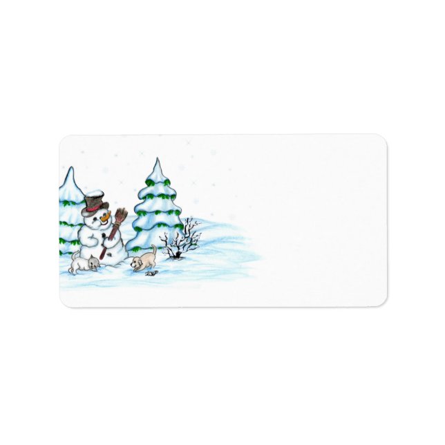 Frohe Weihnachten! Schneemann mit Katze und Welpe Adressaufkleber (Vorne)
