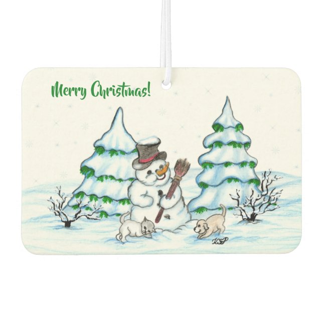 Frohe Weihnachten! Schneemann mit Katze und Welpe Autolufterfrischer (Vorderseite)