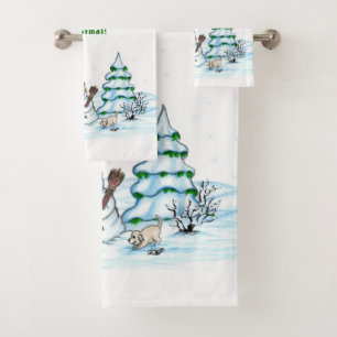 Frohe Weihnachten! Schneemann mit Katze und Welpe Badhandtuch Set