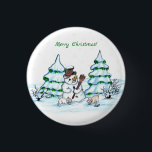 Frohe Weihnachten! Schneemann mit Katze und Welpe Button<br><div class="desc">Frohe Weihnachten! Snowman mit Katze und Welpe - kleiner Hund ~~~ Farbstift zeichnend von Krisi ArtKSZP ~~ Store Category >>> Frohe Weihnachten für Kinder >>> Schneemann mit Katze und Welpe</div>