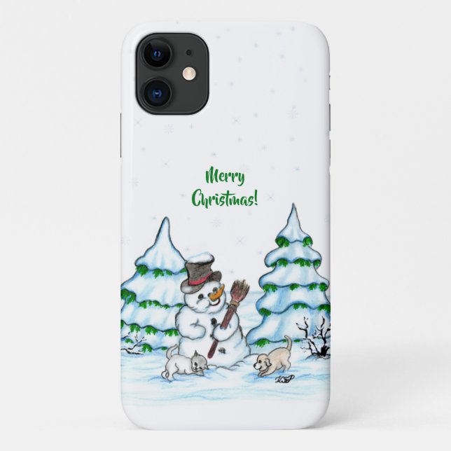 Frohe Weihnachten! Schneemann mit Katze und Welpe Case-Mate iPhone Hülle (Rückseite)