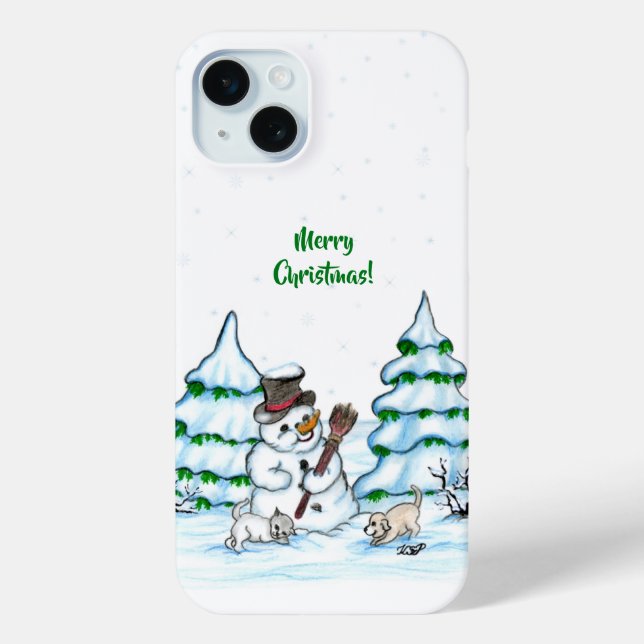 Frohe Weihnachten! Schneemann mit Katze und Welpe Case-Mate iPhone Hülle (Rückseite)