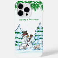 Frohe Weihnachten! Schneemann mit Katze und Welpe