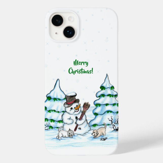 Frohe Weihnachten! Schneemann mit Katze und Welpe Case-Mate iPhone Hülle (Rückseite)