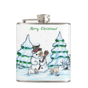 Frohe Weihnachten! Schneemann mit Katze und Welpe Flachmann