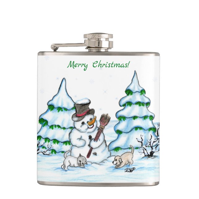 Frohe Weihnachten! Schneemann mit Katze und Welpe Flachmann (Vorderseite)