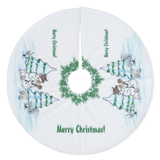 Frohe Weihnachten! Schneemann mit Katze und Welpe Fleece Weihnachtsbaumdecke (Vorderseite)