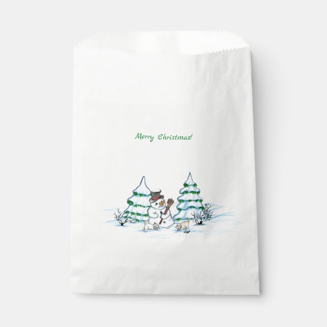 Frohe Weihnachten! Schneemann mit Katze und Welpe Geschenktütchen (Vorderseite)
